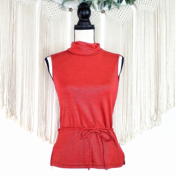 💖 Sparkle Red Small/Medium Gold Knit Turtleneck Glimmer Tie Back Top, Layering - Picture 7 of 15